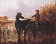 John Frederick Herring Watering The Horses and Farmyard Companions:a Pair of Paintings oil painting artist